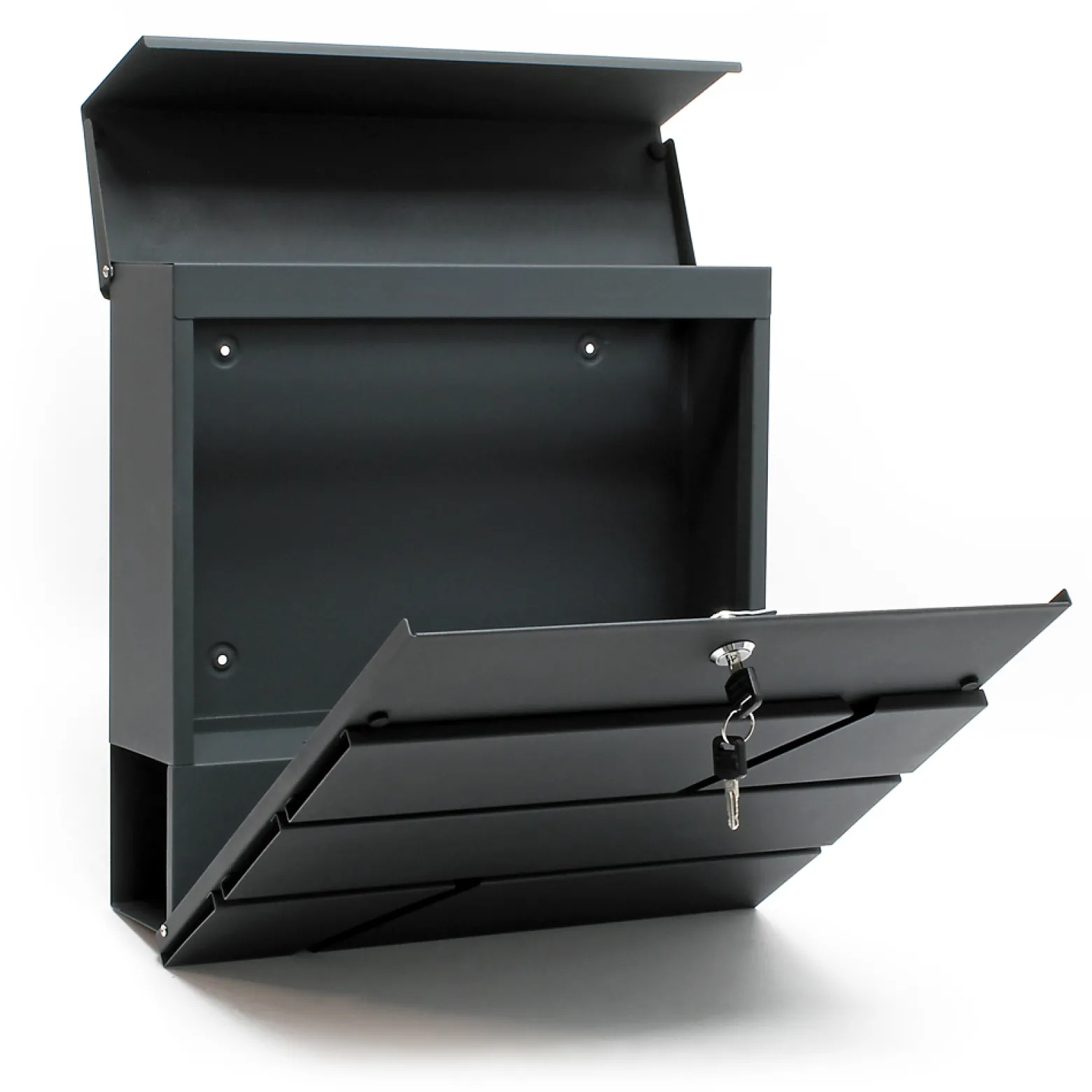 Wiltec 2er Briefkasten Set V14 Anthrazit, Wandbriefkasten mit Schloss, Zeitungsrolle, Ständer, Postkasten aus pulverbeschichtetem Stahl