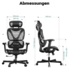 Wiltec Ergonomischer Bürostuhl mit verstellbarer Kopfstütze und Armlehnen, verstellbarer Rückenlehne – rückenschonender Schreibtischstuhl – bis 150 kg belastbar