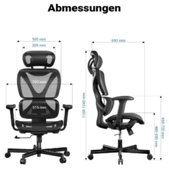 Wiltec Ergonomischer Bürostuhl mit verstellbarer Kopfstütze und Armlehnen, verstellbarer Rückenlehne – rückenschonender Schreibtischstuhl – bis 150 kg belastbar