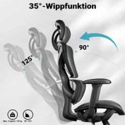 Wiltec Ergonomischer Bürostuhl mit verstellbarer Kopfstütze und Armlehnen, verstellbarer Rückenlehne – rückenschonender Schreibtischstuhl – bis 150 kg belastbar