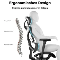 Wiltec Ergonomischer Bürostuhl mit verstellbarer Kopfstütze und Armlehnen, verstellbarer Rückenlehne – rückenschonender Schreibtischstuhl – bis 150 kg belastbar