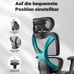 Wiltec Ergonomischer Bürostuhl mit verstellbarer Kopfstütze und Armlehnen, verstellbarer Rückenlehne – rückenschonender Schreibtischstuhl – bis 150 kg belastbar