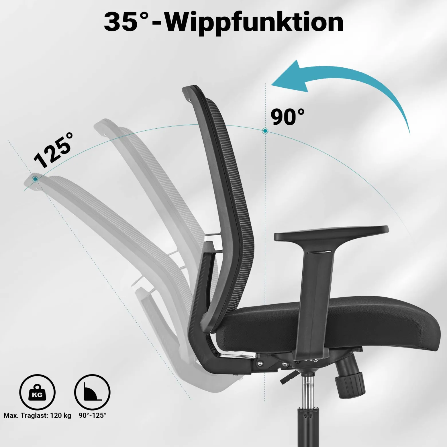 Wiltec Ergonomischer Bürostuhl mit Lendenwirbelstütze – Schreibtischstuhl höhenverstellbar – atmungsaktive Rückenlehne – bis 120 kg belastbar