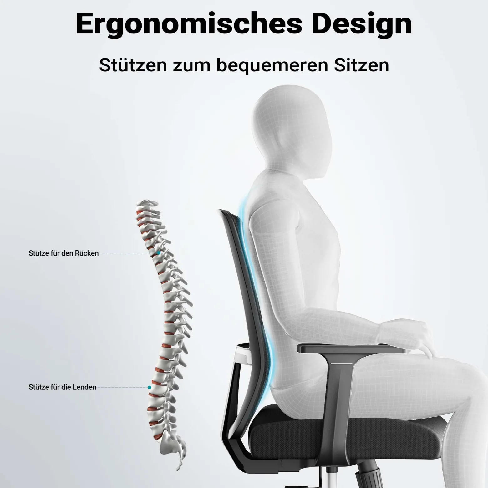 Wiltec Ergonomischer Bürostuhl mit Lendenwirbelstütze – Schreibtischstuhl höhenverstellbar – atmungsaktive Rückenlehne – bis 120 kg belastbar