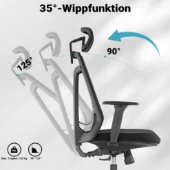 Wiltec Ergonomischer Bürostuhl mit Höhen- und Tiefenverstellung, verstellbarer Kopfstütze und Armlehne – Drehstuhl mit Lendenwirbelstütze – bis 150 kg belastbar