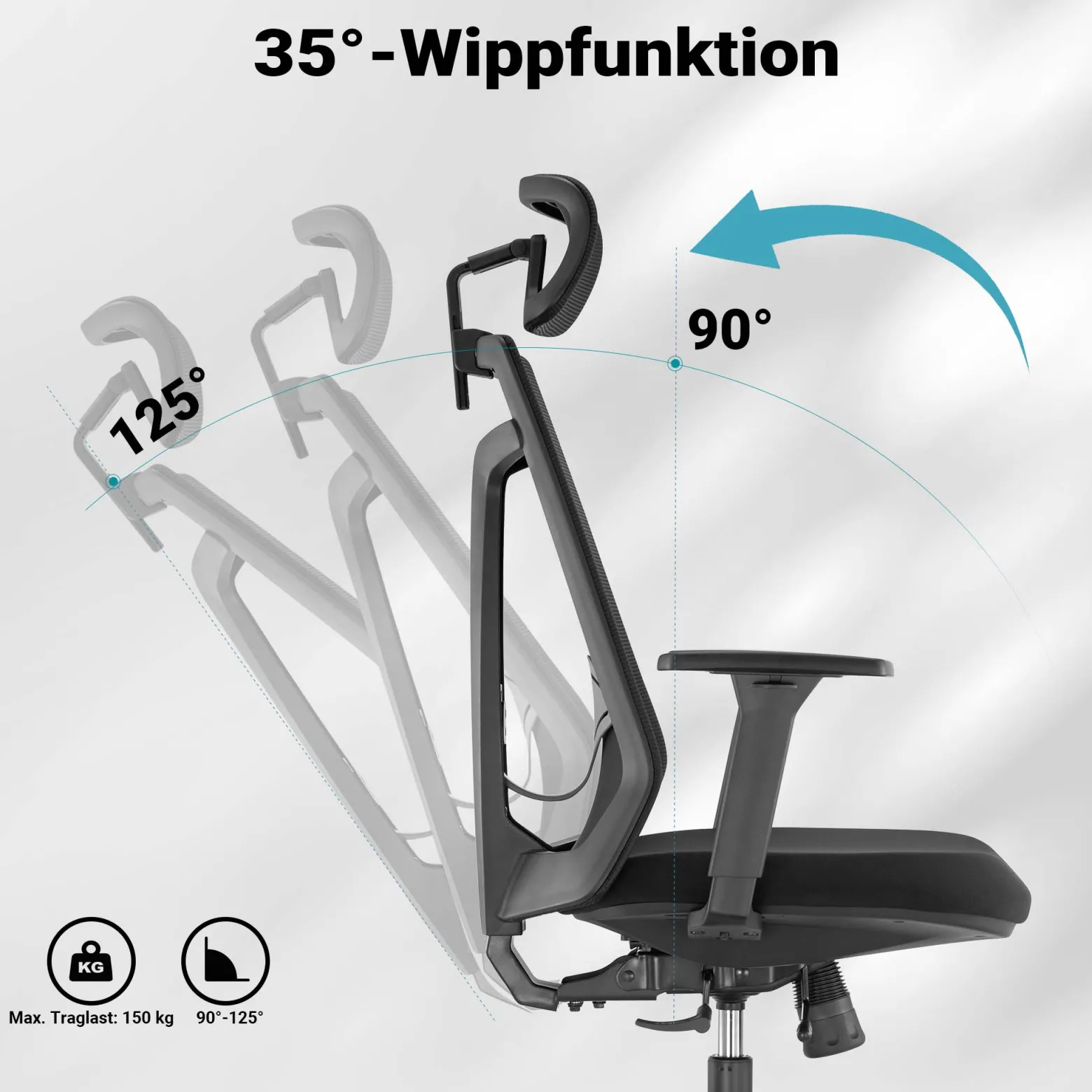 Wiltec Ergonomischer Bürostuhl mit Höhen- und Tiefenverstellung, verstellbarer Kopfstütze und Armlehne – Drehstuhl mit Lendenwirbelstütze – bis 150 kg belastbar