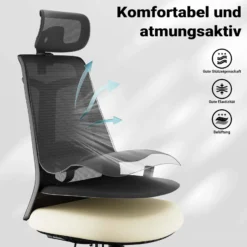 Wiltec Ergonomischer Bürostuhl mit Höhen- und Tiefenverstellung, verstellbarer Kopfstütze und Armlehne – Drehstuhl mit Lendenwirbelstütze – bis 150 kg belastbar