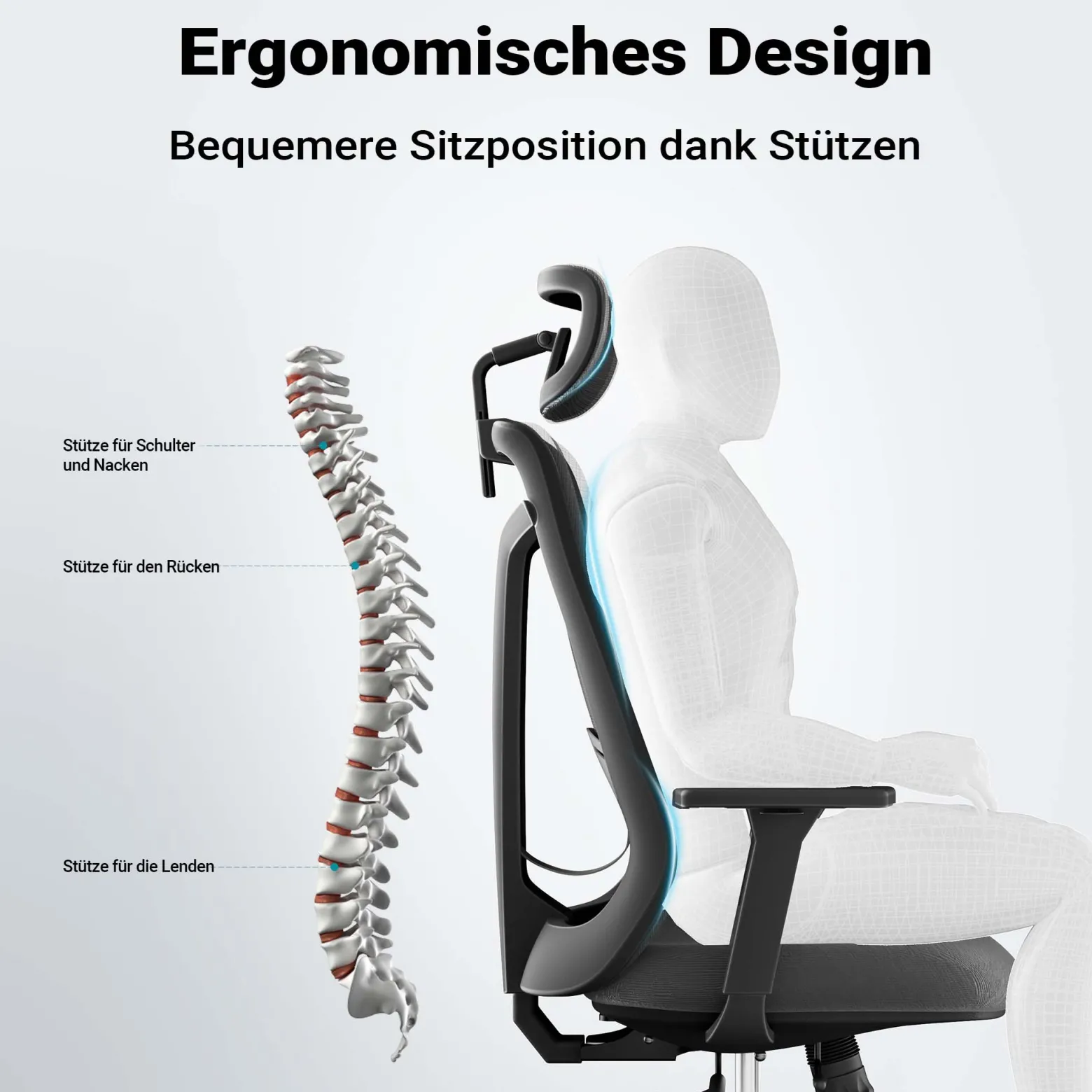 Wiltec Ergonomischer Bürostuhl mit Höhen- und Tiefenverstellung, verstellbarer Kopfstütze und Armlehne – Drehstuhl mit Lendenwirbelstütze – bis 150 kg belastbar
