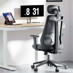 Wiltec Ergonomischer Bürostuhl mit Höhen- und Tiefenverstellung, verstellbarer Kopfstütze und Armlehne – Drehstuhl mit Lendenwirbelstütze – bis 150 kg belastbar