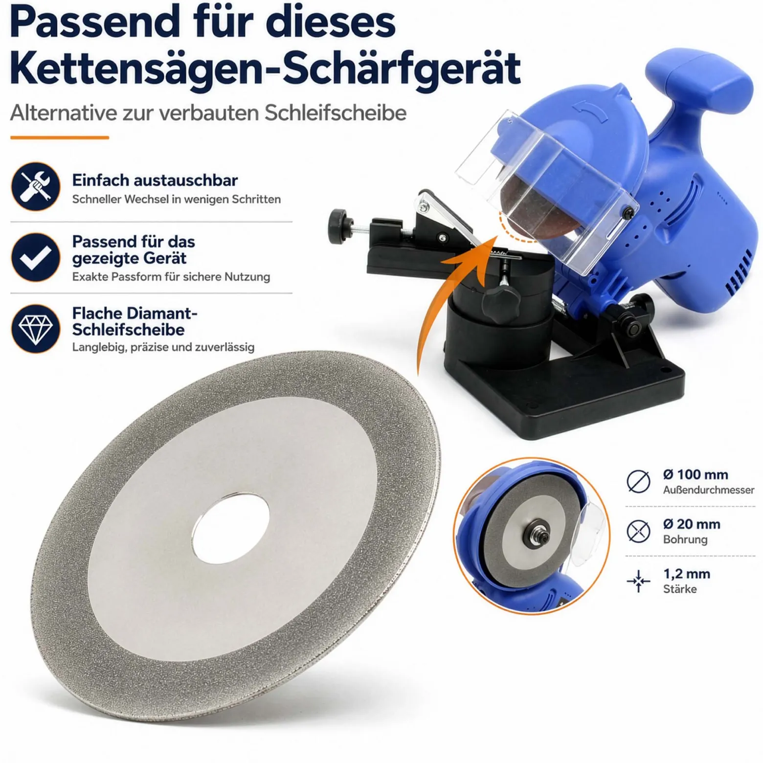 Wiltec Ersatzteil für Sägeblatt Schärfgerät - Diamant-Schleifscheibe - Ersatz Schleifscheibe Ø 100 mm / 20 mm, flach für kleinere Sägezähne, für Schleifmaschine für Kreissägeblätter