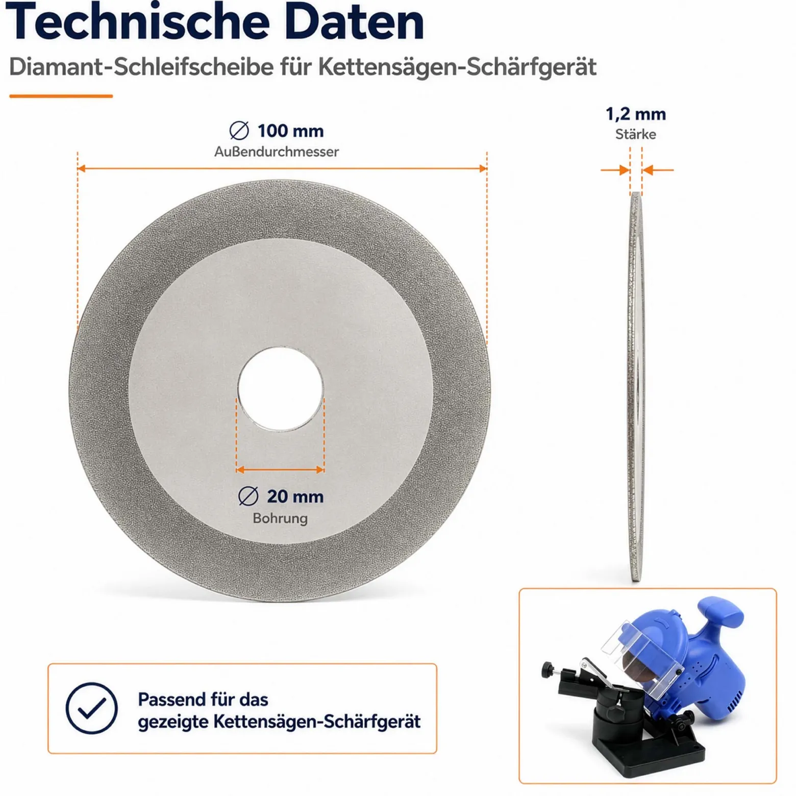 Wiltec Ersatzteil für Sägeblatt Schärfgerät - Diamant-Schleifscheibe - Ersatz Schleifscheibe Ø 100 mm / 20 mm, flach für kleinere Sägezähne, für Schleifmaschine für Kreissägeblätter