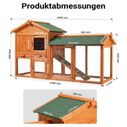 Wiltec 2 Etagen Nagerhaus 1470 x 520 x 855 mm, Hasenstall zweistöckig aus Fichtenholz, mit Bitumeneindeckung und Kotwanne, Kleintierhaus Freilauf Gehege