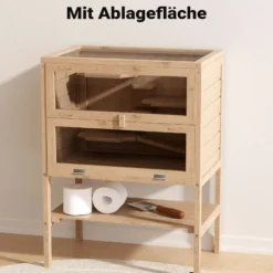 Wiltec 3 Etagen Nagerkäfig, 600 x 400 x 800 mm, aus Holz, mit klappbarem Deckel & Sichtfenster, Kleintierhaus Mäusekäfig Hamsterkäfig