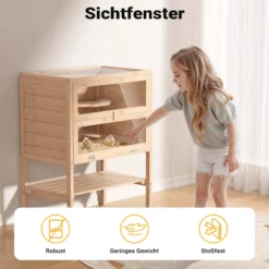 Wiltec 3 Etagen Nagerkäfig, 600 x 400 x 800 mm, aus Holz, mit klappbarem Deckel & Sichtfenster, Kleintierhaus Mäusekäfig Hamsterkäfig