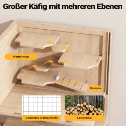 Wiltec 3 Etagen Nagerkäfig, 600 x 400 x 800 mm, aus Holz, mit klappbarem Deckel & Sichtfenster, Kleintierhaus Mäusekäfig Hamsterkäfig
