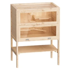 Wiltec 3 Etagen Nagerkäfig, 600 x 400 x 800 mm, aus Holz, mit klappbarem Deckel & Sichtfenster, Kleintierhaus Mäusekäfig Hamsterkäfig