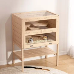 Wiltec 3 Etagen Nagerkäfig, 600 x 400 x 800 mm, aus Holz, mit klappbarem Deckel & Sichtfenster, Kleintierhaus Mäusekäfig Hamsterkäfig