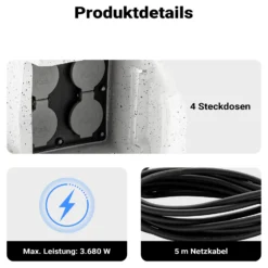 Wiltec 4-fach Gartensteckdose Außensteckdose Kunstharz IP44 Outdoor Steinoptik 5m Kabel