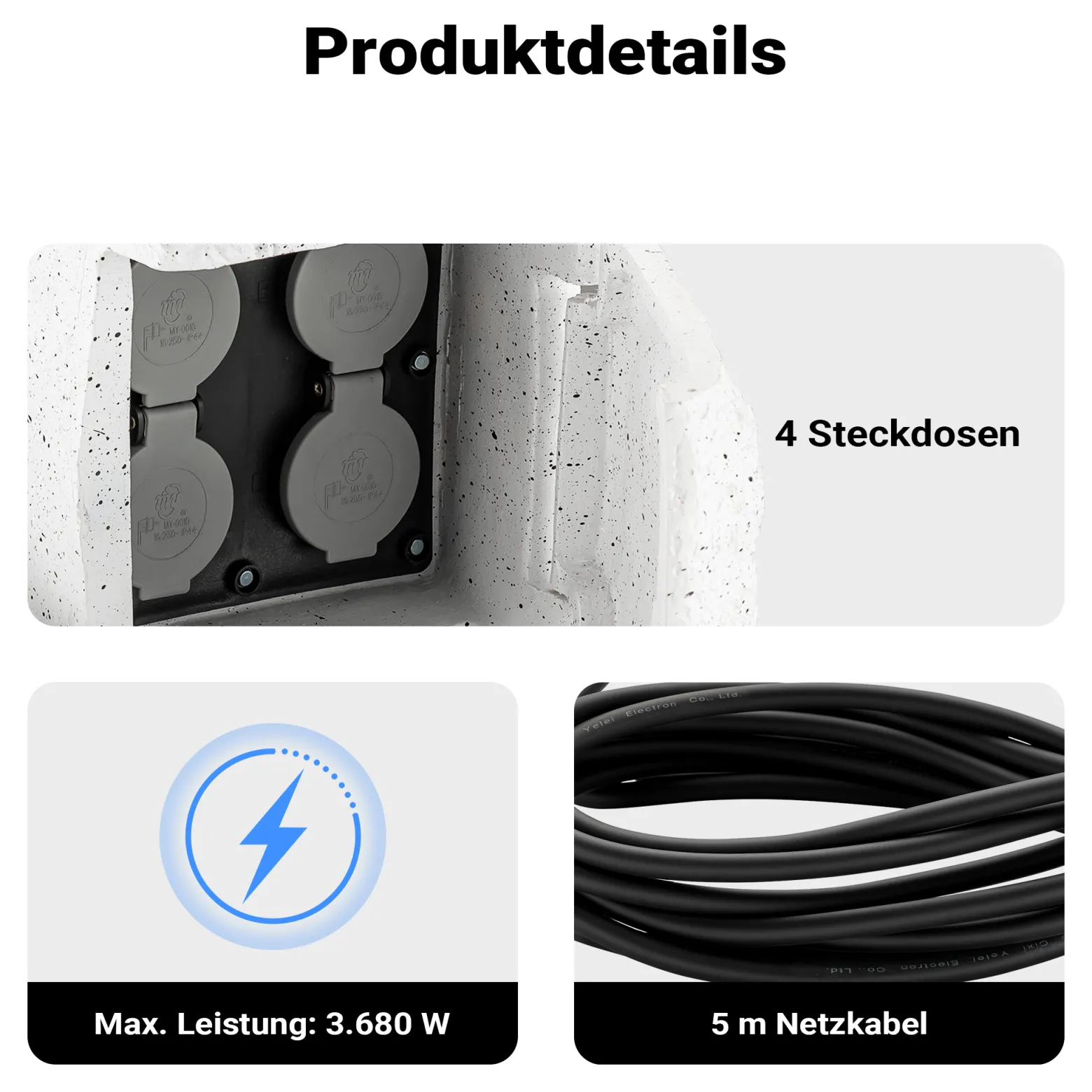 Wiltec 4-fach Gartensteckdose Außensteckdose Kunstharz IP44 Outdoor Steinoptik 5m Kabel