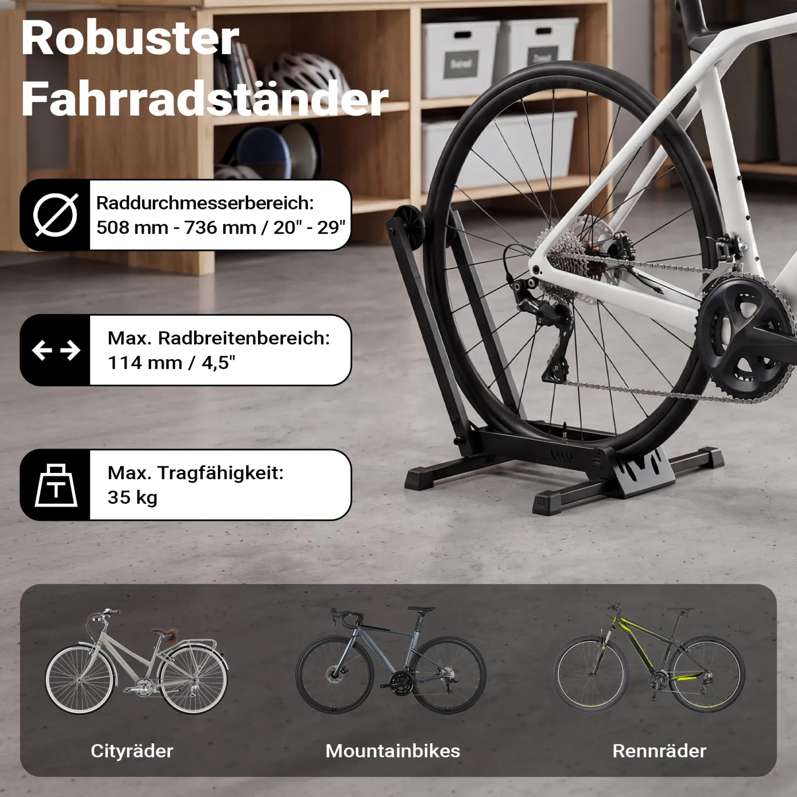 Wiltec Fahrrad Hinterradständer 450 x 365 x 540 mm bis 35 kg, freistehender Fahrradständer klappbar, Fahrradhalter für Garage, Keller und Wohnung