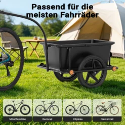Wiltec Fahrrad Lastenanhänger 158x69x51 cm bis 80 kg, Fahrradanhänger mit 90 L Transportwanne, Kupplung und Luftreifen, Handwagen Anhänger für Fahrrad