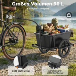 Wiltec Fahrrad Lastenanhänger 158x69x51 cm bis 80 kg, Fahrradanhänger mit 90 L Transportwanne, Kupplung und Luftreifen, Handwagen Anhänger für Fahrrad