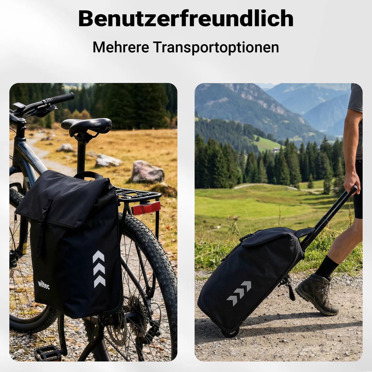 Wiltec Fahrrad-Trolley Gepäckträgertasche schwarz 33 x 13 x 64 cm mit 28 l Stauraum Fahrradtasche und Trolley in einem
