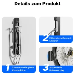 Wiltec Fahrrad Wandhalterung 11,8 x 63,8 x 58,3 cm bis 35 kg, Universal Fahrradhalterung höhenverstellbar, Fahrradaufhängung faltbar mit Schwenkarm