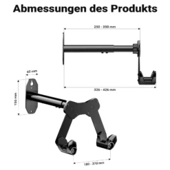 Wiltec Fahrrad Wandhalterung 39,8 x 16,7 x 32,6-42,6 cm bis 25 kg, Fahrradhalterung universell, Fahrradaufhängung Ø 55 mm Oberrohr & 45° Winkelverstellung