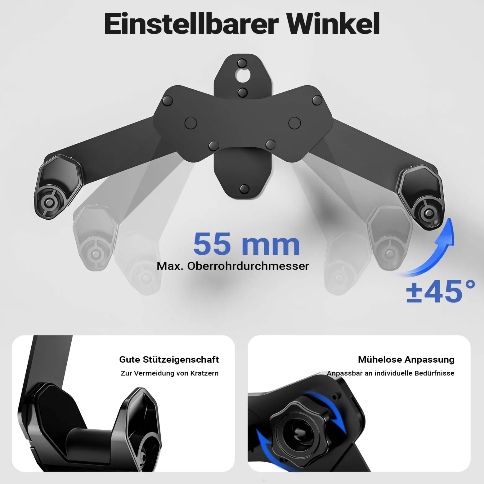 Wiltec Fahrrad Wandhalterung 39,8 x 16,7 x 32,6-42,6 cm bis 25 kg, Fahrradhalterung universell, Fahrradaufhängung Ø 55 mm Oberrohr & 45° Winkelverstellung