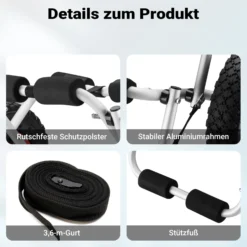 Wiltec faltbarer Alu Kanuwagen bis 45 kg, Transportwagen für Boote, Kanus und Kajaks, Surfwagen mit Polstern und Gurtband, SUP-Wagen mit Luftreifen, stabiler SUP-Trolley