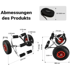 Wiltec faltbarer Alu Kanuwagen bis 45 kg, Transportwagen für Boote, Kanus und Kajaks, Surfwagen mit Polstern und Gurtband, SUP-Wagen mit Luftreifen, stabiler SUP-Trolley