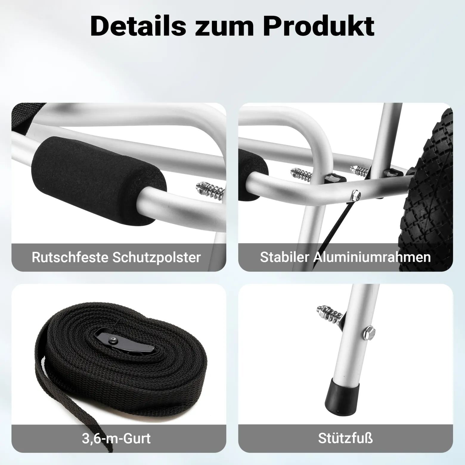 Wiltec faltbarer Alu Kanuwagen bis 68 kg, Transportwagen für Boote, Kanus und Kajaks, Surfwagen mit Polstern und Gurtbändern, SUP-Wagen mit Luftreifen, stabiler SUP-Trolley