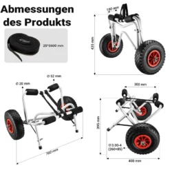 Wiltec faltbarer Alu Kanuwagen bis 68 kg, Transportwagen für Boote, Kanus und Kajaks, Surfwagen mit Polstern und Gurtbändern, SUP-Wagen mit Luftreifen, stabiler SUP-Trolley