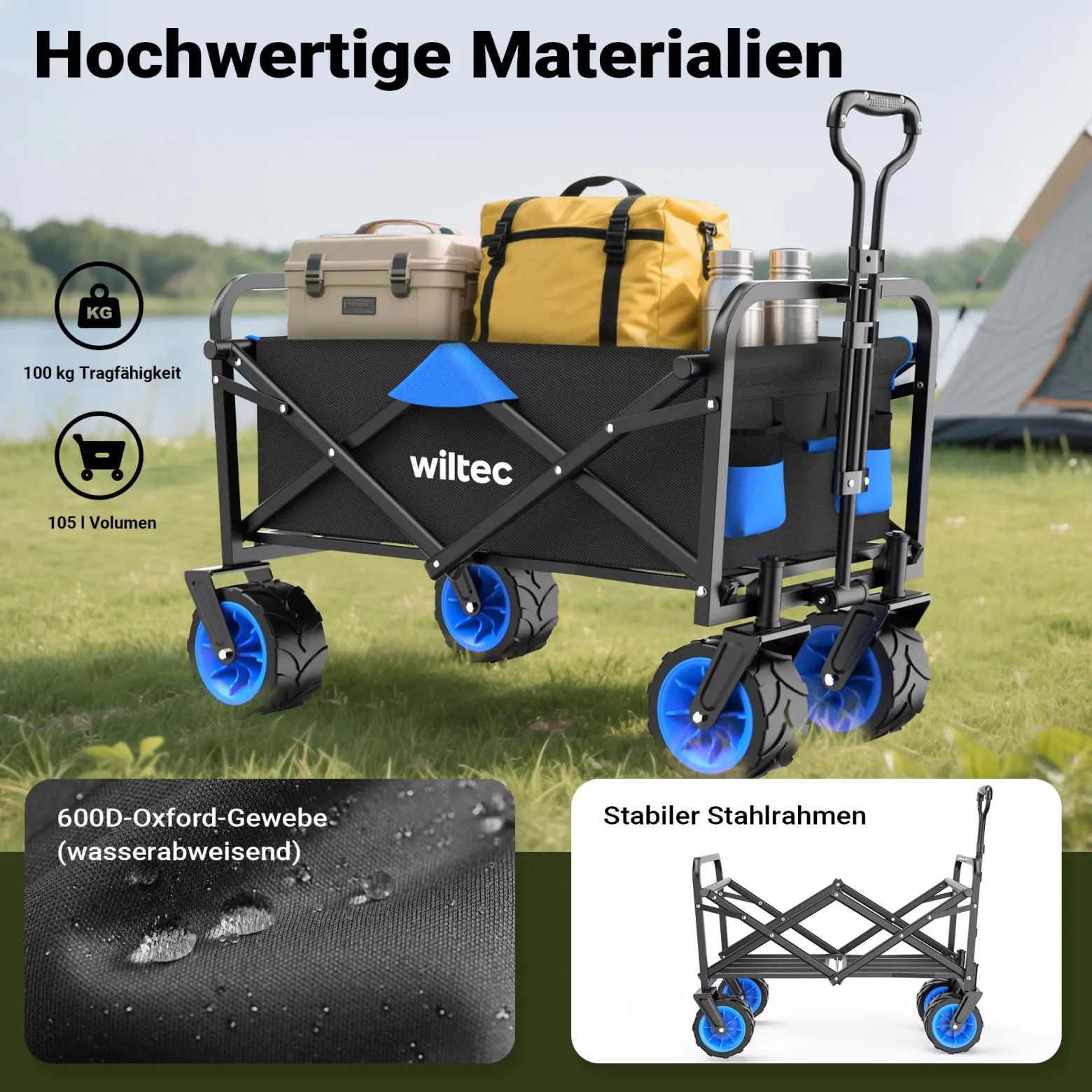 Wiltec Faltbarer Bollerwagen mit breiten Rädern, Faltbollerwagen Offroad geeignet, Strandbollerwagen mit Handgriff, stabiler Klappbollerwagen