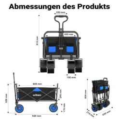 Wiltec Faltbarer Bollerwagen mit breiten Rädern, Faltbollerwagen Offroad geeignet, Strandbollerwagen mit Handgriff, stabiler Klappbollerwagen