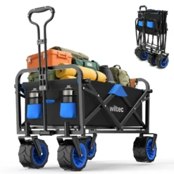 Wiltec Faltbarer Bollerwagen mit breiten Rädern, Faltbollerwagen Offroad geeignet, Strandbollerwagen mit Handgriff, stabiler Klappbollerwagen