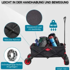 Wiltec Faltbarer Bollerwagen mit Kunststoffrädern, Faltbollerwagen für 80 kg max. Ladegewicht, Klappbollerwagen für den Garten oder Ausflüge