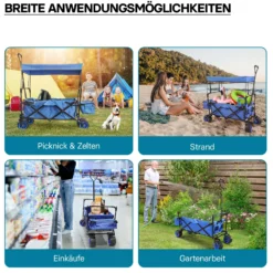 Wiltec Faltbarer Bollerwagen mit Sonnendach, Faltbollerwagen für max. 70 kg, Klappbollerwagen mit großer Ladefläche und Taschen, offroad geeignet
