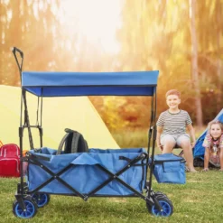 Wiltec Faltbarer Bollerwagen mit Sonnendach, Faltbollerwagen für max. 70 kg, Klappbollerwagen mit großer Ladefläche und Taschen, offroad geeignet
