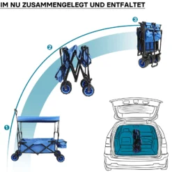 Wiltec Faltbarer Bollerwagen mit Sonnendach, Faltbollerwagen für max. 70 kg, Klappbollerwagen mit großer Ladefläche und Taschen, offroad geeignet