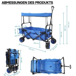 Wiltec Faltbarer Bollerwagen mit Sonnendach, Faltbollerwagen für max. 70 kg, Klappbollerwagen mit großer Ladefläche und Taschen, offroad geeignet