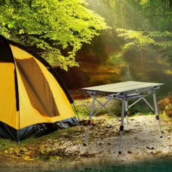Wiltec Faltbarer Campingtisch 90x53 cm höhenverstellbar Klapptisch aus Aluminium max. 30kg mit aufrollbarer Tischplatte Camping Rolltisch Falttisch Garten Balkon Outdoor Tisch Tisch faltbar