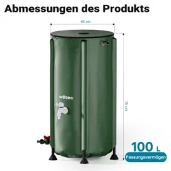 Wiltec Faltbare Regentonne 100 l mit Deckel, Regenfass aus 620 g/m² PVC, Regenwassertank mit Wasserhahn, Wasserspeicher Garten mit Schlauchanschluss