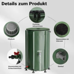 Wiltec Faltbare Regentonne 250 l mit Deckel, Regenfass aus 620 g/m² PVC, Regenwassertank mit Wasserhahn, Wasserspeicher Garten mit Schlauchanschluss