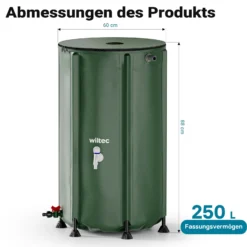 Wiltec Faltbare Regentonne 250 l mit Deckel, Regenfass aus 620 g/m² PVC, Regenwassertank mit Wasserhahn, Wasserspeicher Garten mit Schlauchanschluss
