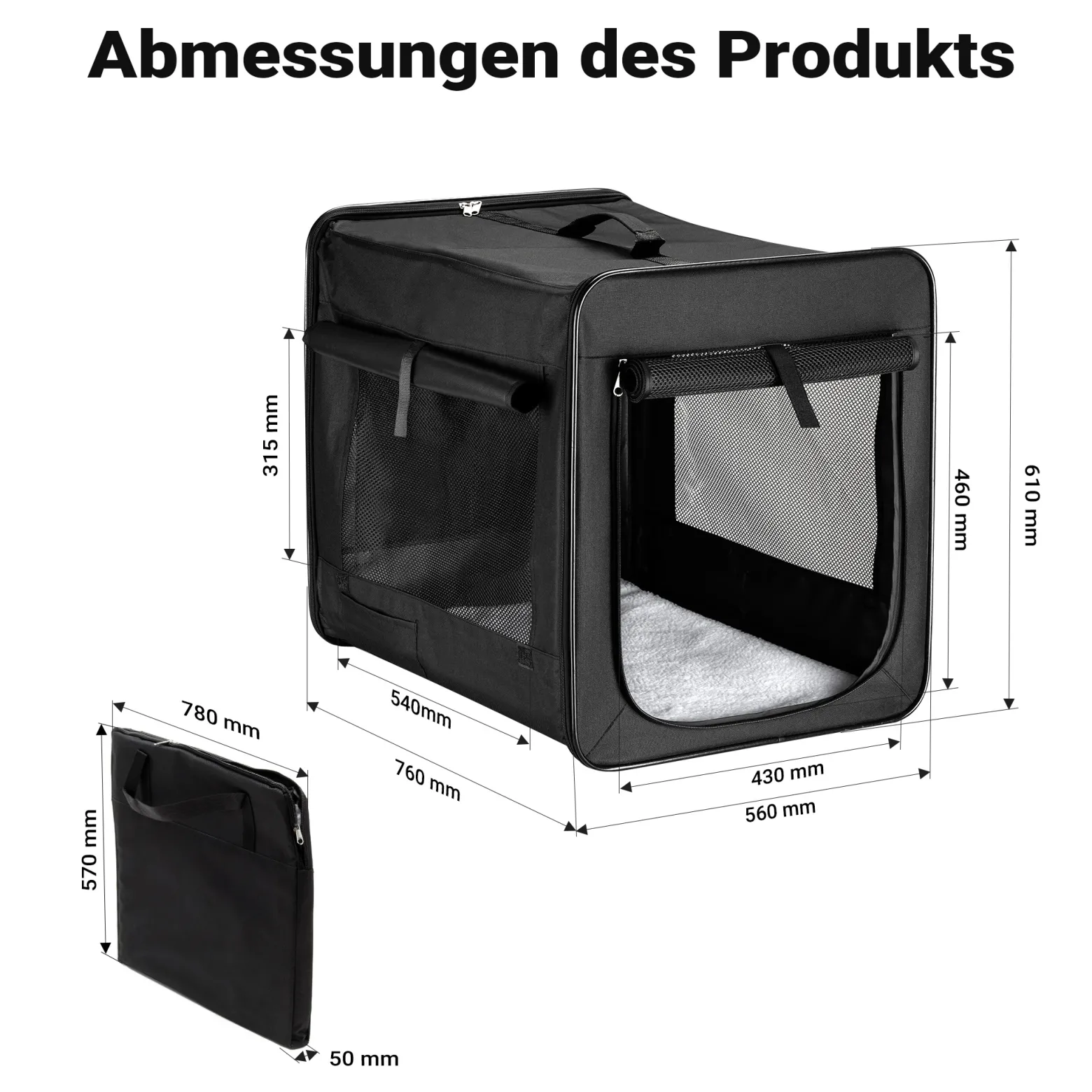 Wiltec Faltbare Transportbox für Hunde, Katze L (76x56x61 cm), robust, leicht, sicher, Hundebox mit entnehmbarem Kissen, Schwarz