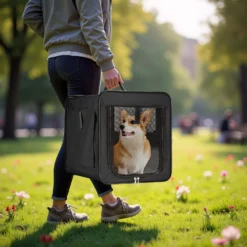 Wiltec Faltbare Transportbox für Hunde, Katzen M (58x46x53 cm), robust, leicht, sicher, Hundebox mit entnehmbarem Kissen, Schwarz