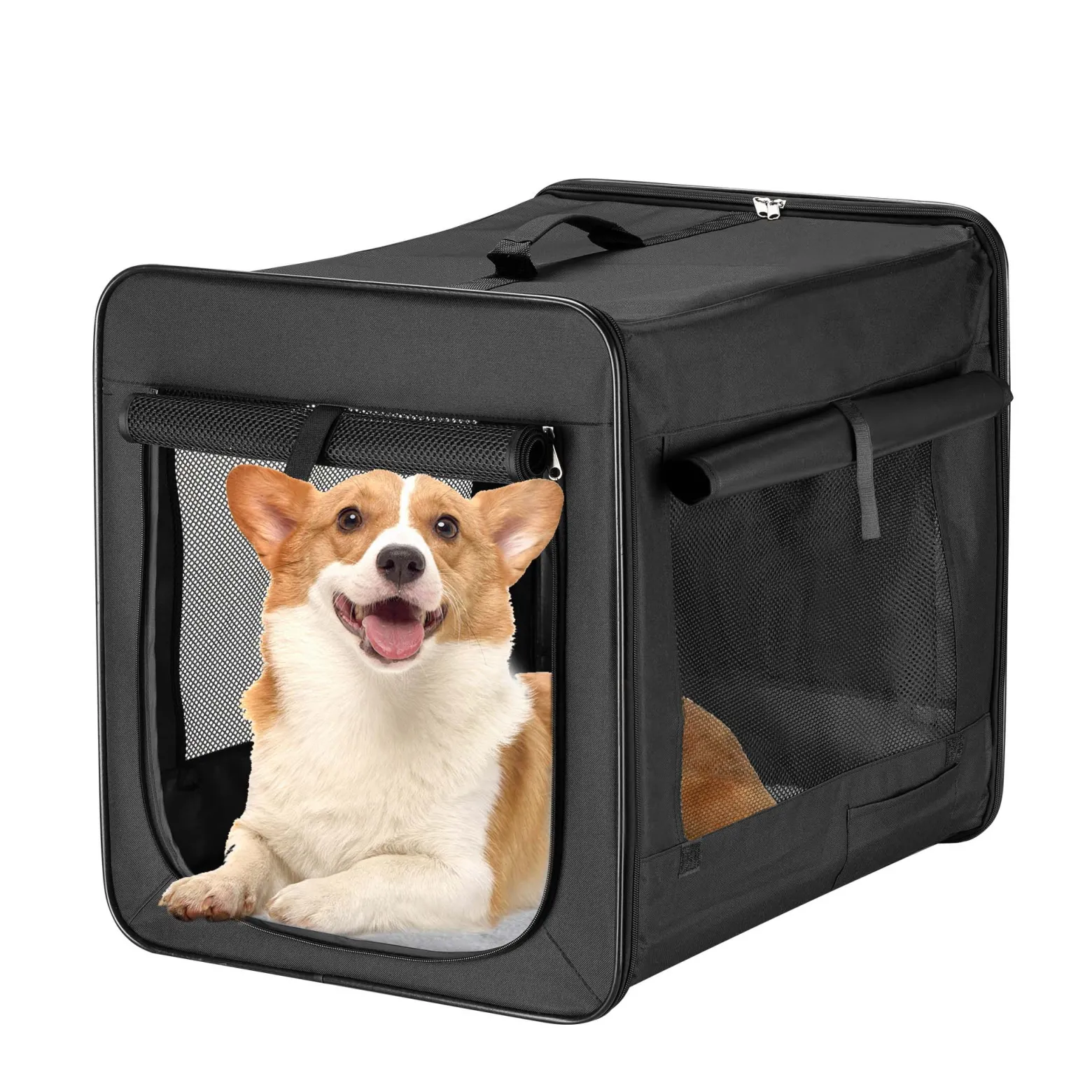 Wiltec Faltbare Transportbox für Hunde, Katzen M (58x46x53 cm), robust, leicht, sicher, Hundebox mit entnehmbarem Kissen, Schwarz