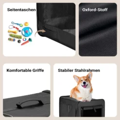 Wiltec Faltbare Transportbox für Hunde, Katzen M (58x46x53 cm), robust, leicht, sicher, Hundebox mit entnehmbarem Kissen, Schwarz